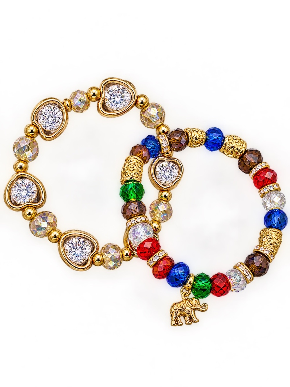Gold-Plated Multicolor Crystal Stretch Bracelet Set with Elephant charm